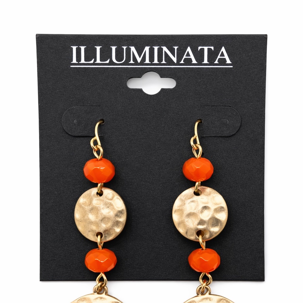 NWT ILLUMINATA Gold Hammered Orange & Red Accents Dangle Earrings - Picture 2 of 3